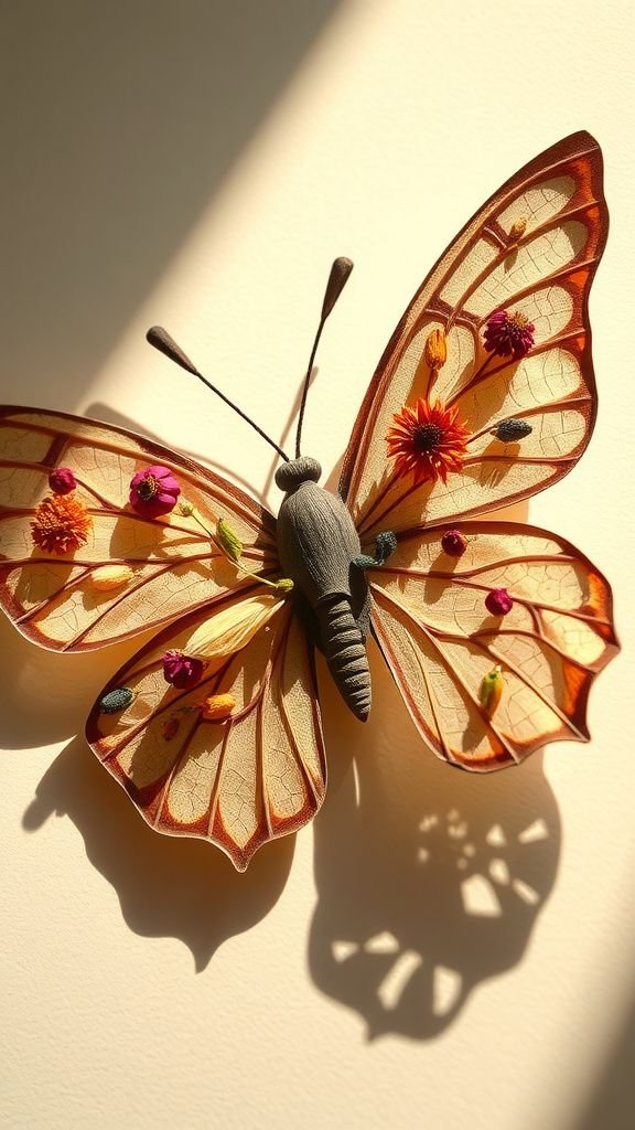 Pressed flower butterfly collage on cardstock